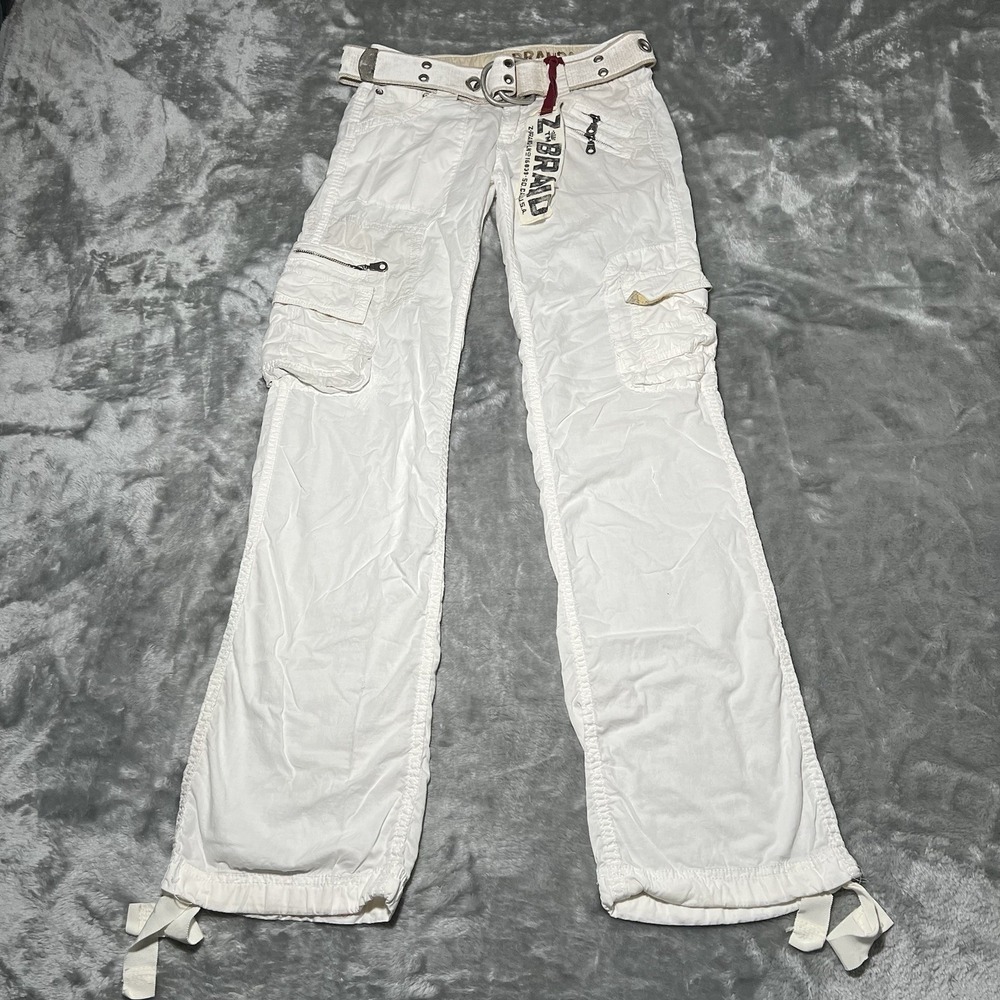 Z Brand Pants Women Size 23x32 White Cargo Pants W/ Belt Y2K New With Tags